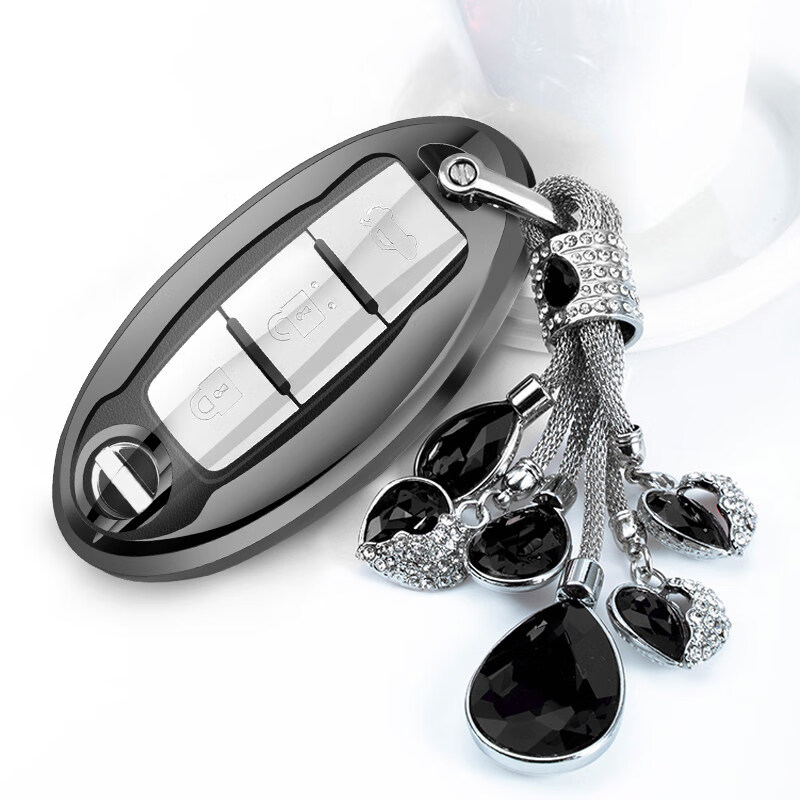 代轩逸尼桑汽车钥匙包扣2019款 智能款/高贵黑(壳 黑色桃心水晶挂坠)