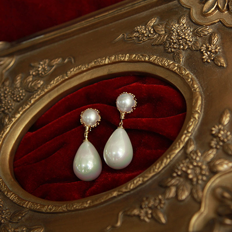 vintage费雯丽超大古董双珍珠耳环925银贝珠水滴耳坠耳夹手作 铜镀金