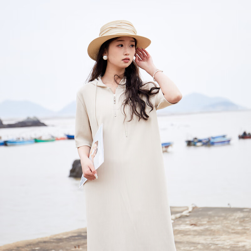 西町村屋(setirom)西町村屋连衣裙女2023高腰文艺休闲长裙坑条设计感