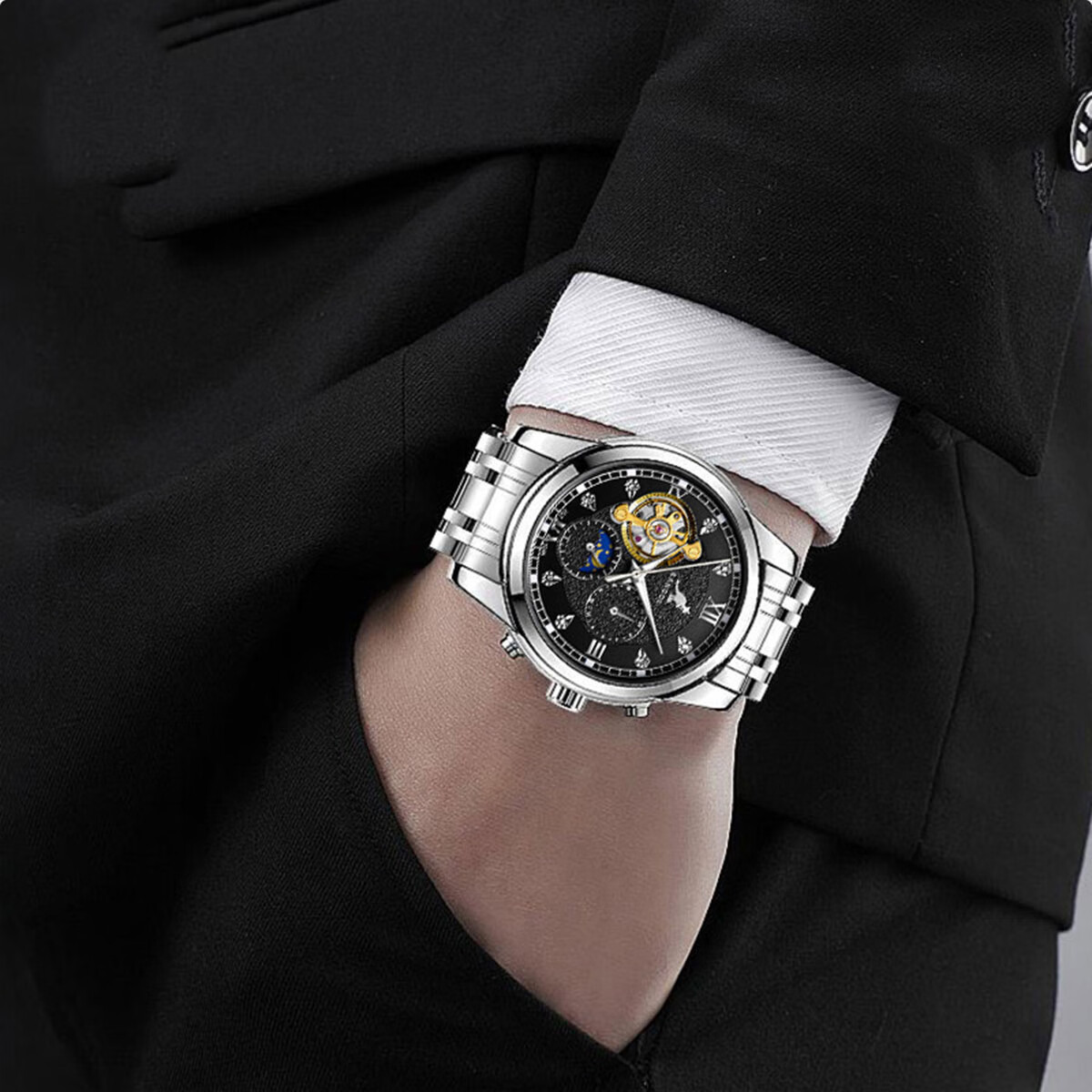 kangol男士手表全自动机械三眼六针日月星辰镂空陀飞防水轮礼物k106