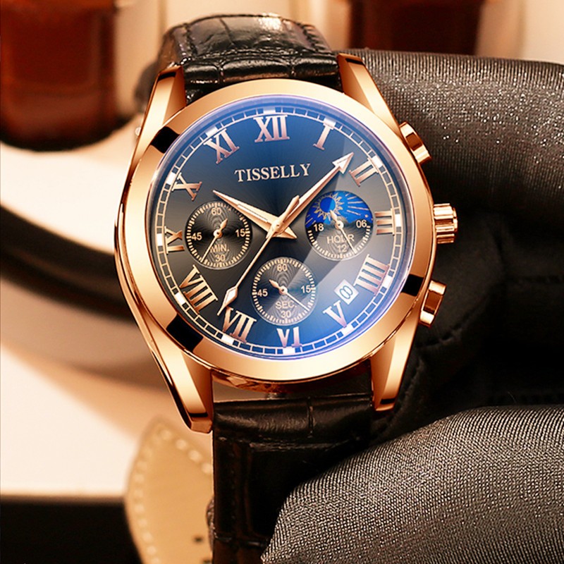 蒂西尼(tisselly)经典商务防水手表男士多功能三眼6针秒表计时日月