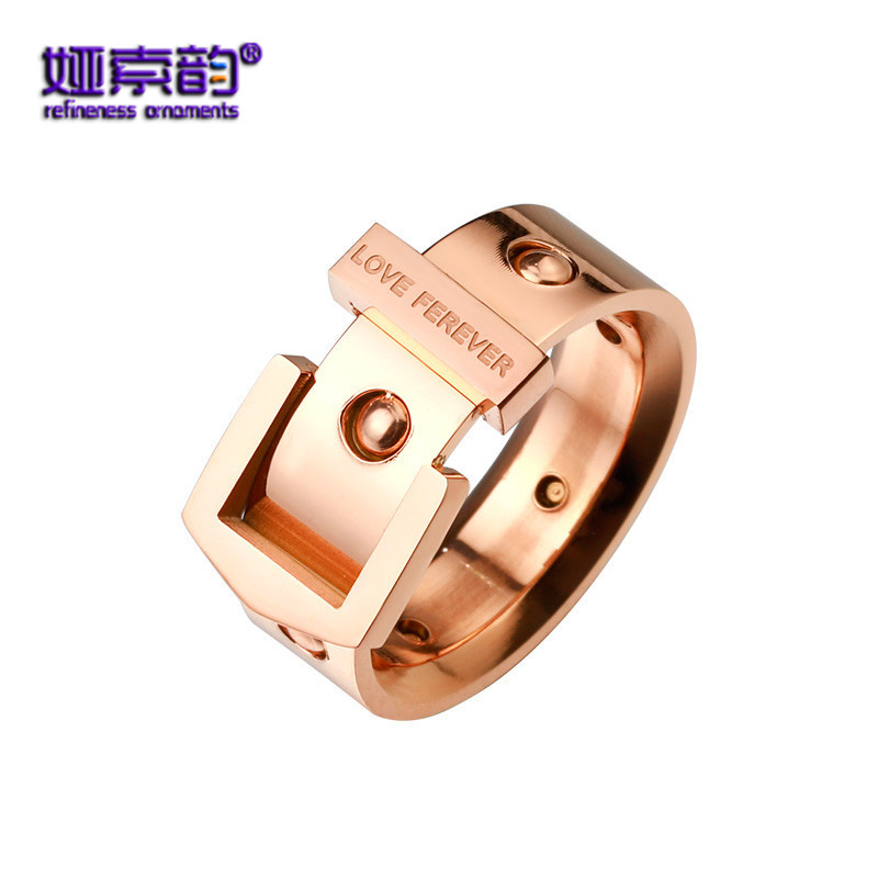 娅索韵新款百搭镀玫瑰金皮带戒指彩金情侣装饰品礼物送女友 玫瑰金色