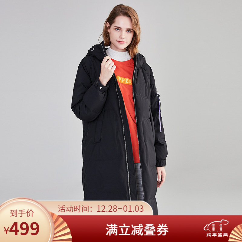 坦博尔2020新款羽绒服女中长款时尚连帽个性宽松时尚外套TB19758 027黑色 165/88A