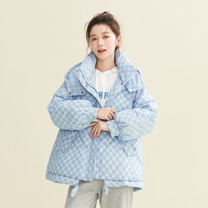 雪中飞羽绒服女款短款韩版时尚秋冬品牌清仓棋盘格宽松保暖百搭公主风 绿色 S/155(85-110斤)