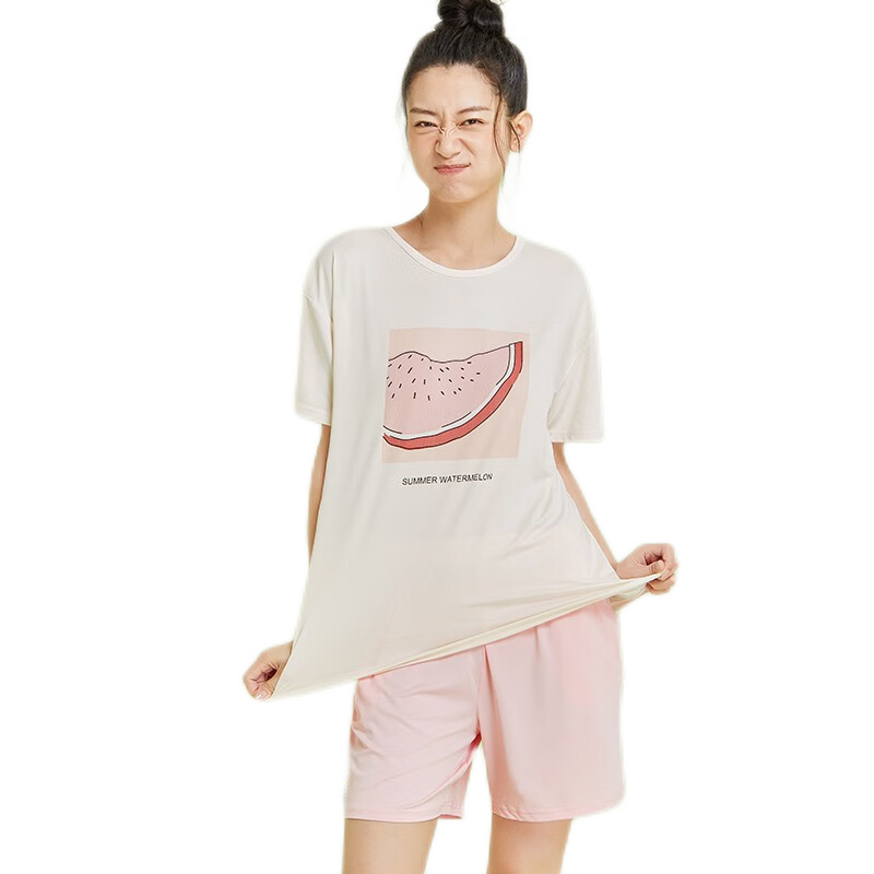 都市丽人睡衣女春夏薄款套头圆领短袖短裤睡衣家居服套装2H22B6 马卡龙粉 均码 XL