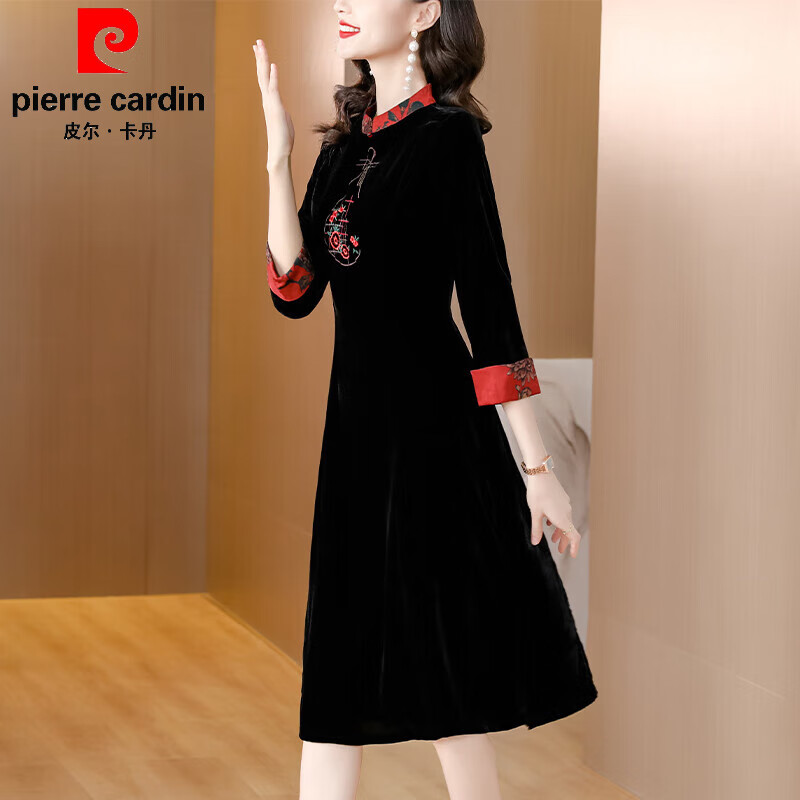 真丝金丝绒100%桑蚕丝连衣裙秋季2023新款 黑色-高档中年女士十大品牌