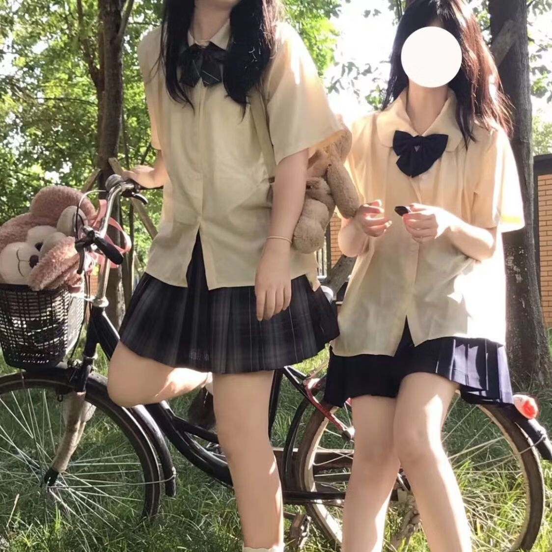 云翔四海全套日系学院风衬衫制服短袖蝴蝶结百褶裙一整套 单独杏色