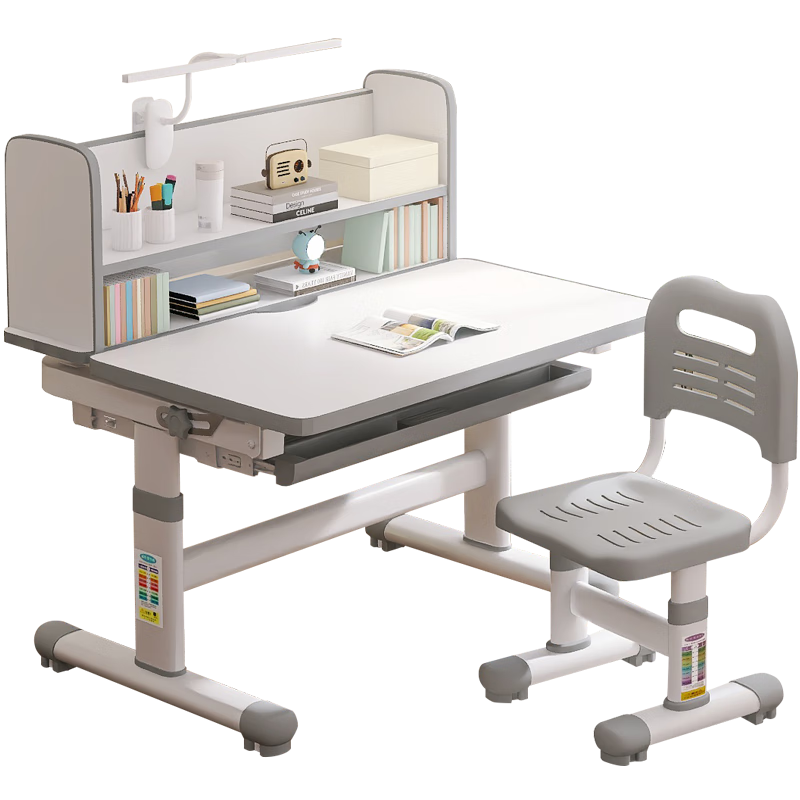 益威（EIEV）儿童书桌椅 学习桌椅 小学生课桌椅写字作业书桌套装可升降桌子 大收纳书桌+工学正姿椅+台灯-灰