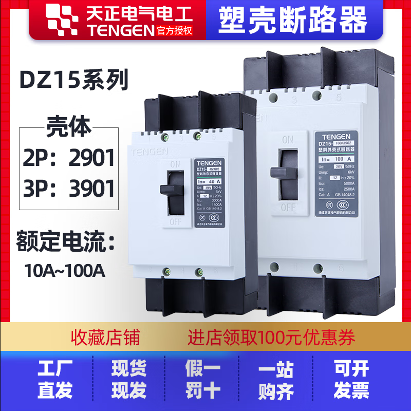 天正电气塑料外壳式断路器dz15空开开关100a 63a 40a 32a 10a 2p