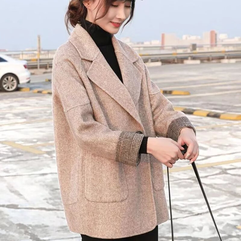 字纹西装毛呢外套女2022新款韩版流行斗篷呢子宽松春秋风衣外 浅咖色