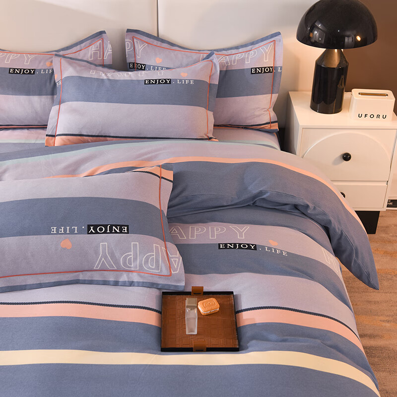 静之翔纯棉磨毛加厚床上四件套100全棉夏季宿舍床单被套双人秋冬被罩 小资生活-蓝 1.8m床四件套 床单款 被套200*230cm