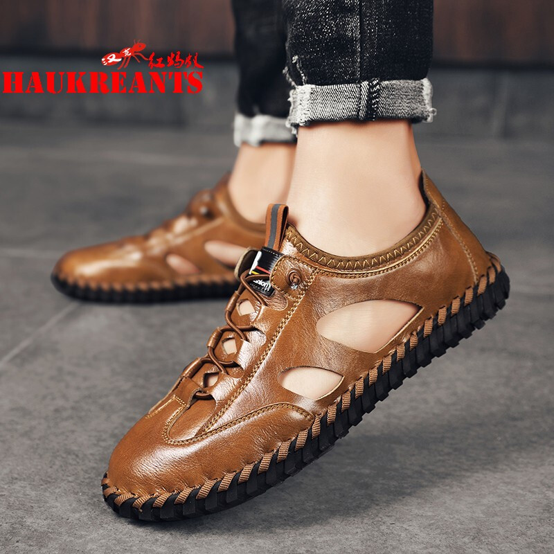 汉克红蚂蚁真皮凉鞋男士夏季镂空百搭休闲沙滩鞋子男户外皮凉鞋英伦风