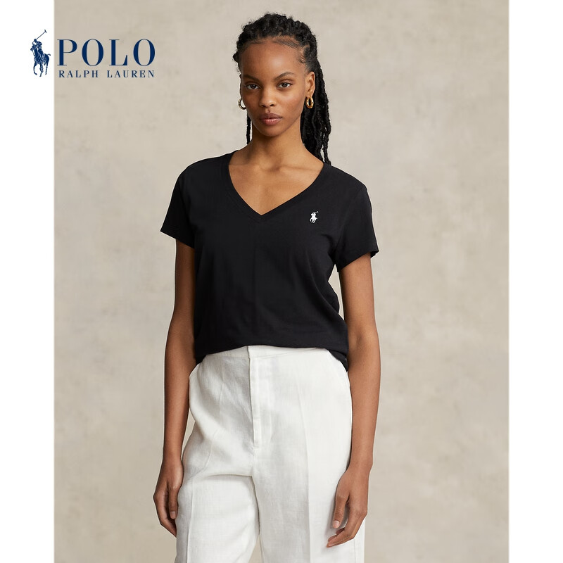 Polo Ralph Lauren 拉夫劳伦女装 经典款棉质平纹针织V领T恤RL24239 001-黑色 M
