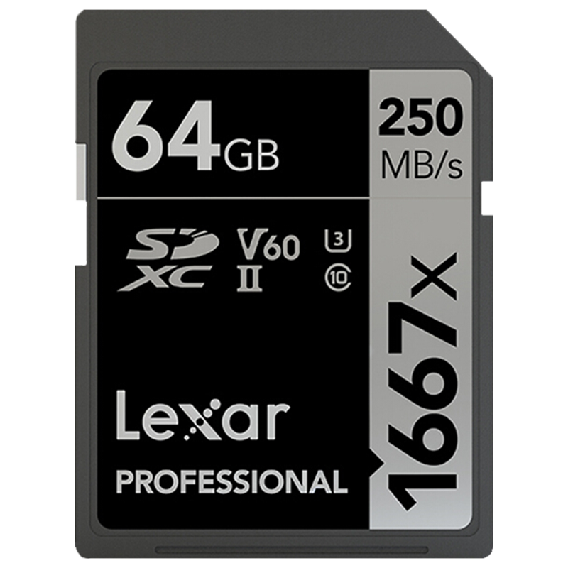 Lexar雷克沙SD卡 1667X Pro USH-II V60 4K高速单反微单相机内存卡 Pro升级版SD卡64G+二合一读卡器+卡盒    189元