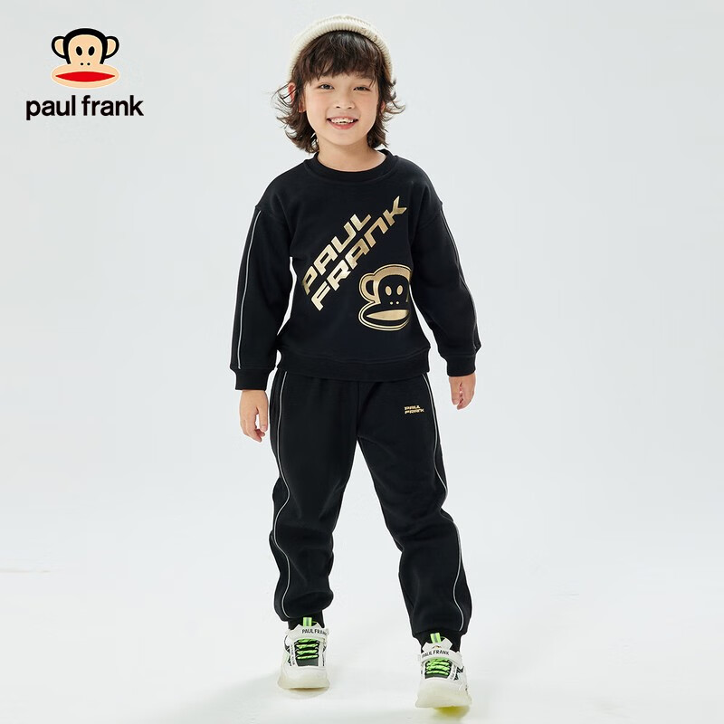 大嘴猴（paul frank）童装儿童运动套装男女童秋冬加绒新款童趣印花圆领卫衣卫裤套装 黑色 150怎么样,好用不?