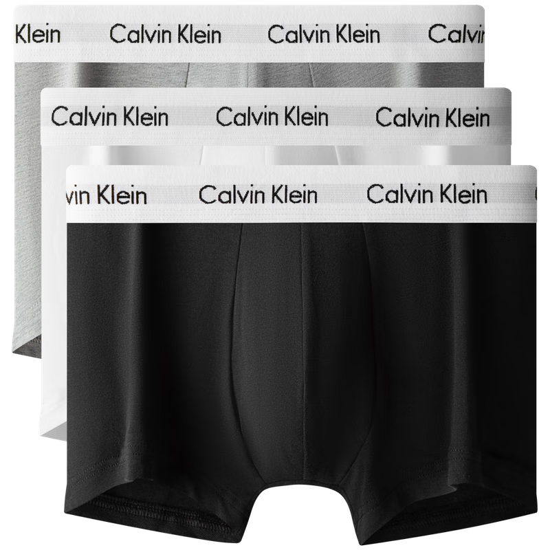 CalvinKlein内裤品牌推荐，男士三条装彩色循环LOGO腰边弹力棉质低腰平角内裤U2664998-黑白灰M优惠价格测评