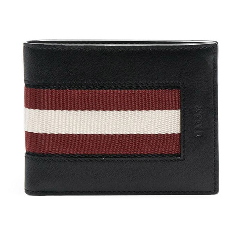 巴利bally男士织物配皮红白条纹短款折叠钱包钱夹6232155 黑色