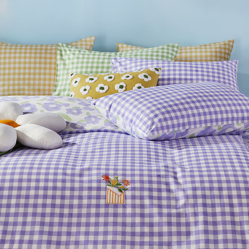 罗莱家纺 四件套水洗棉纯棉床单被套被罩 紫1.8米床220*250cm