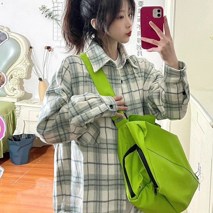 井狸奈格子衬衫女春秋款高档春秋2024新款宽松外穿衬衣设计感情侣翻领