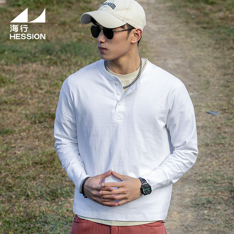 海行户外透气纯棉t恤男亨利衫男士休闲polo衫长袖上衣内搭打底衫 白色 2XL (参考170-195斤)