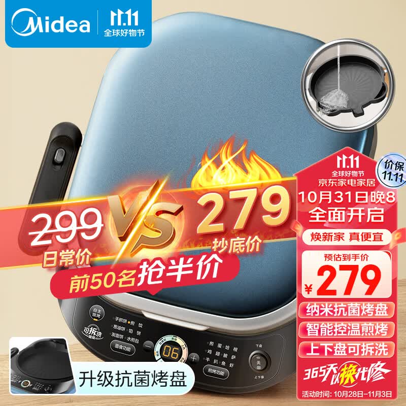 美的(Midea)家用双面加热加深大火力上下盘可拆洗烙饼煎饼三明治早餐机电饼档蒸汽煎烤电饼铛JKS3072高性价比高么？