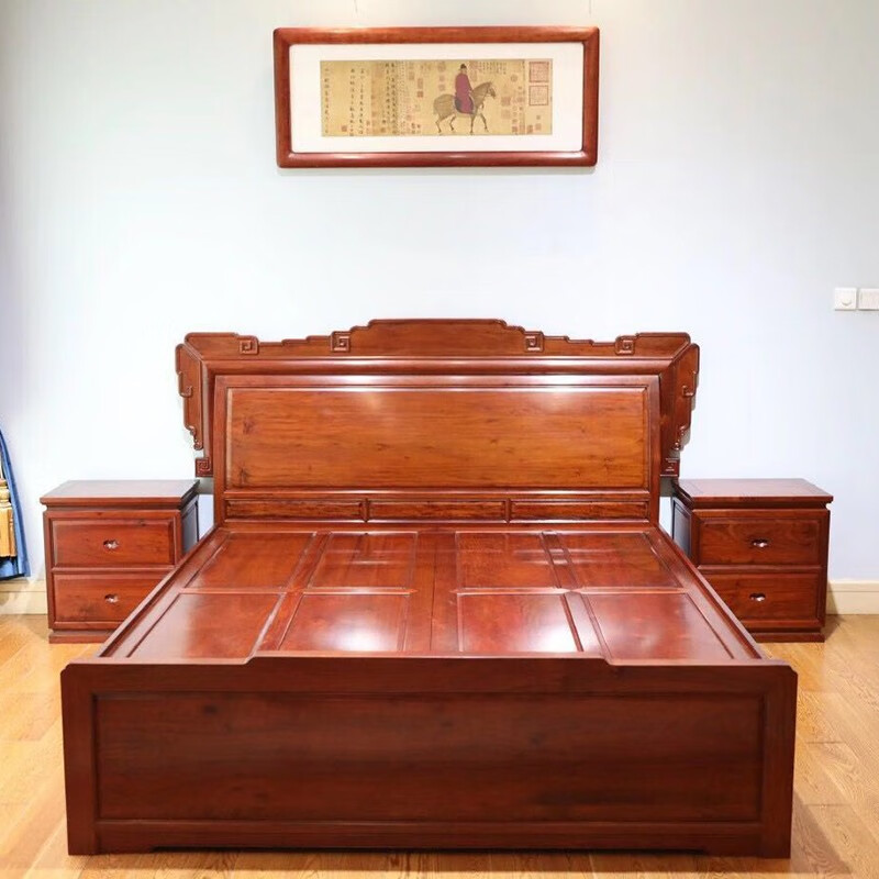 滑氏红木 红木家具缅甸花梨（学名：大果紫檀）中式实木大床 卧室双人床1.8米古典家具 1.8米大床+2个床头柜