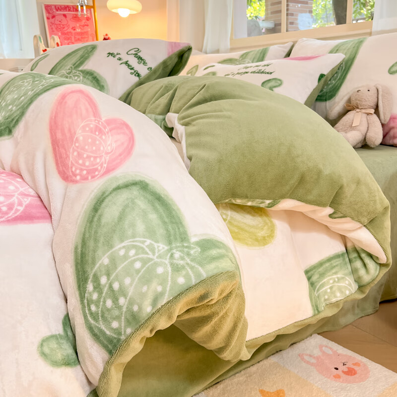 多兰诗（Duolanshi）牛奶绒四件套卡通双面加绒学生宿舍家用床单被套床上用品套件 心意 1.8米 床单款 被套200*230cm 四件套