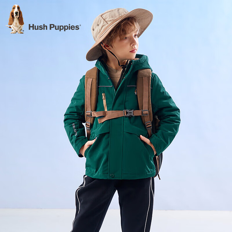 暇步士（Hush Puppies）童装儿童外套秋冬季新款男女大童简约时尚加厚风衣外套 丛林绿 150 cm