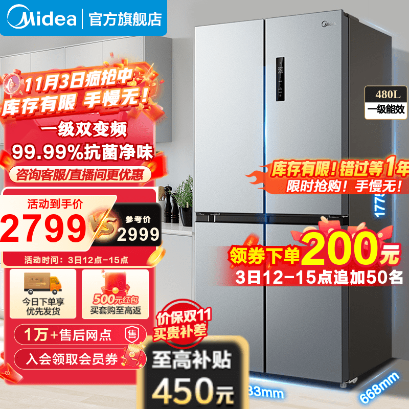 美的(Midea)480升冰箱四开门超大容量十字对开门一级能效变频风冷超薄囤货家用电冰箱 BCD-480WSPZM(E)榭湖银属于什么档次？