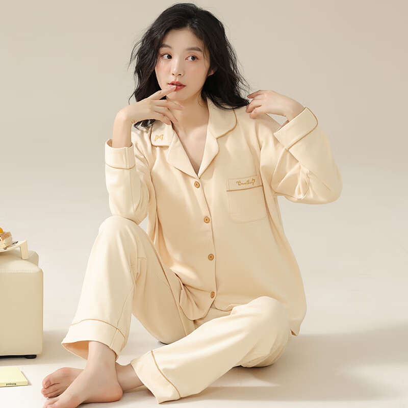 猫人莼棉睡衣女 自带胸垫春秋新款长袖翻领开衫 可外穿家居服大码套装 奶杏色【纯棉紧密 | 自带胸垫】 XL