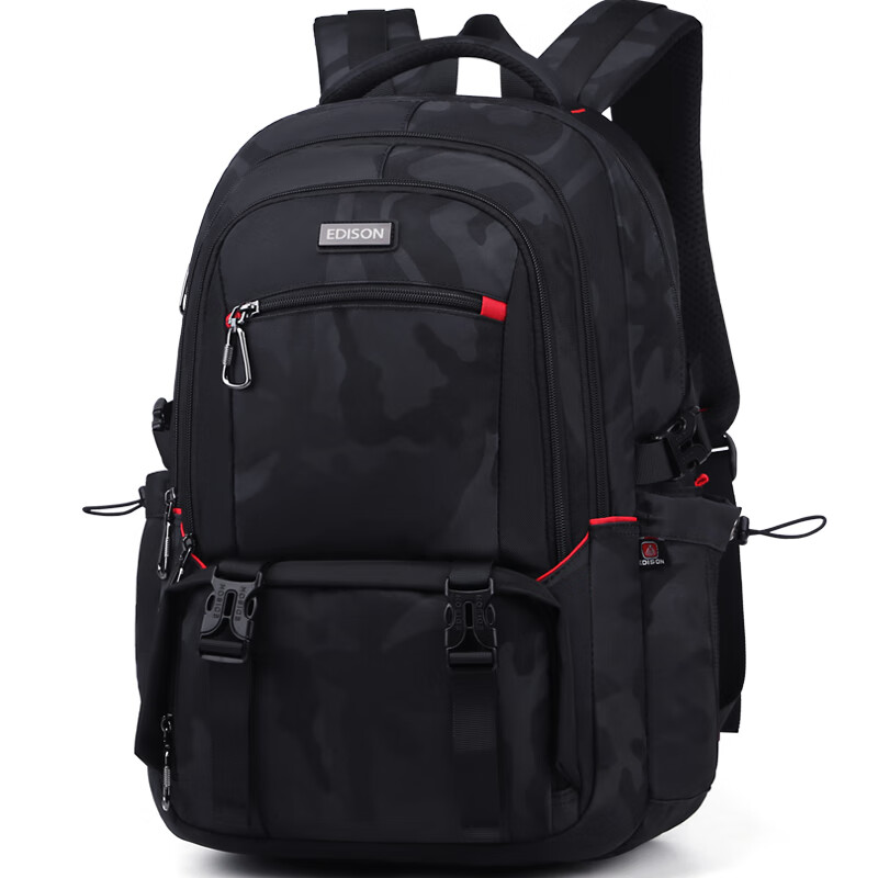 Edison高中生书包大容量初中大学生防泼水双肩包旅行背包K052-17G迷彩黑