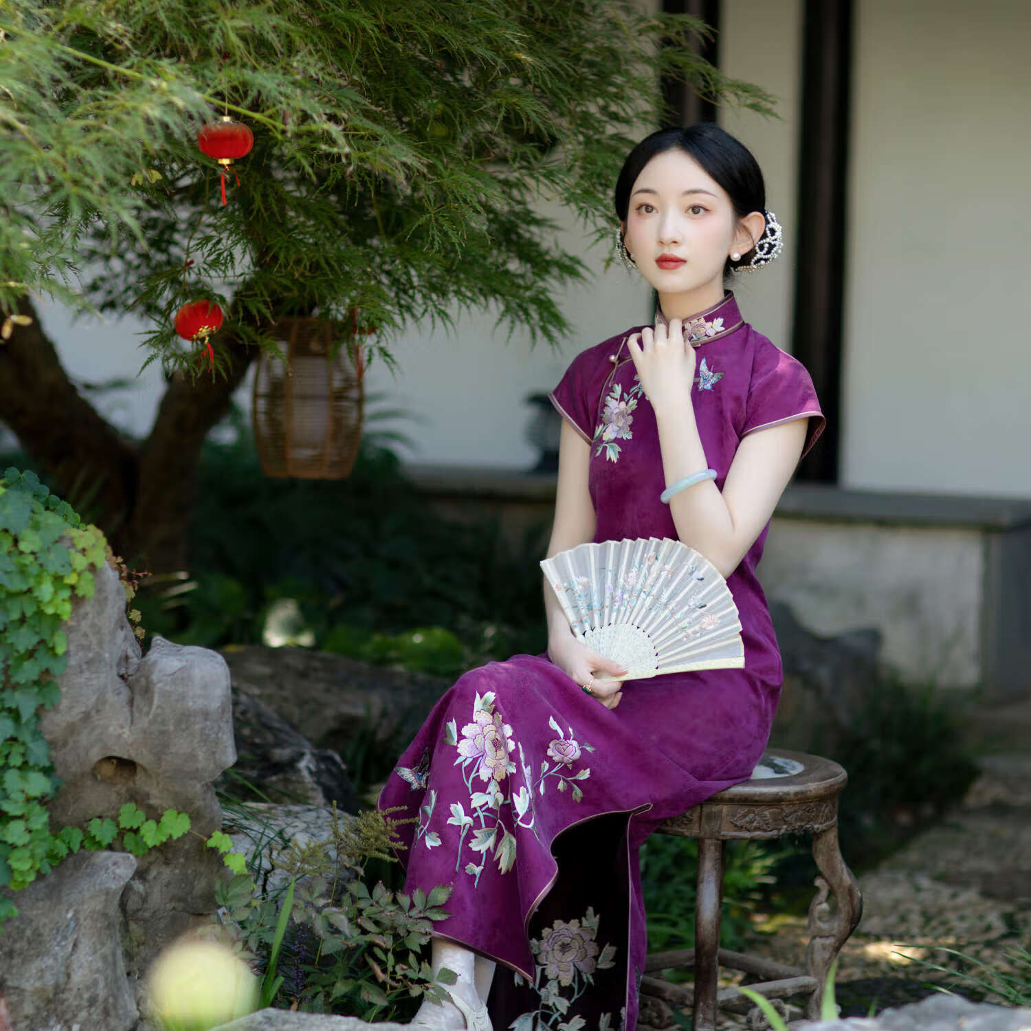 一城風絮紫月瑤煙丨春款東方簡奢風香云紗提花復古繡花小蓋袖民國風旗袍裙 紫色牡丹蝴蝶繡花旗袍 M