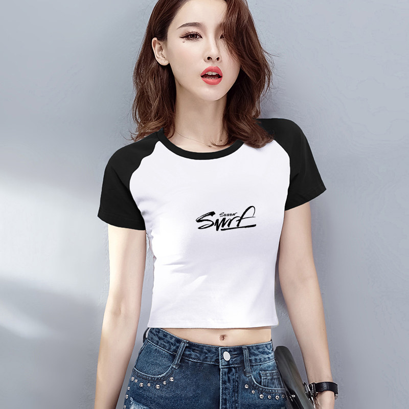 德朔露脐修身t恤打底衫黑白撞色露脐短袖t恤女韩版短款上衣性感高腰漏