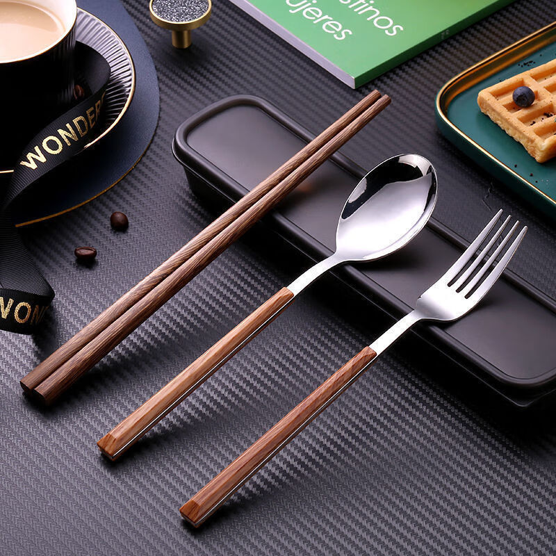 佳茉不锈钢勺子木筷子餐具套装学生收纳盒叉子木质创意便携外出餐具
