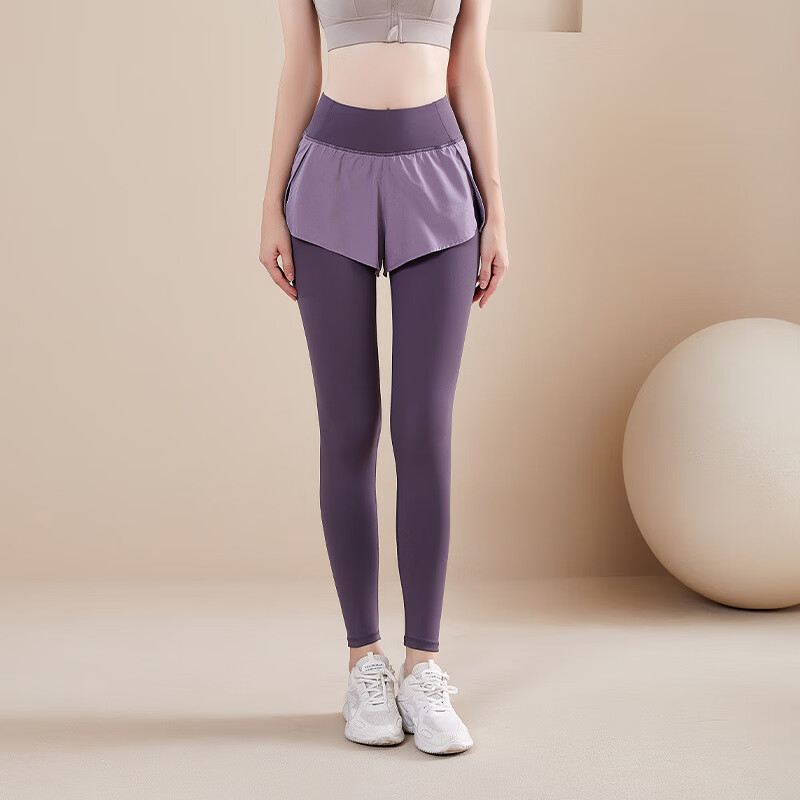 凯逸弗（kainifu）假两件瑜伽裤大码健身裤女速干长裤高腰提臀紧身弹力跑步裤运动裤 紫色 S