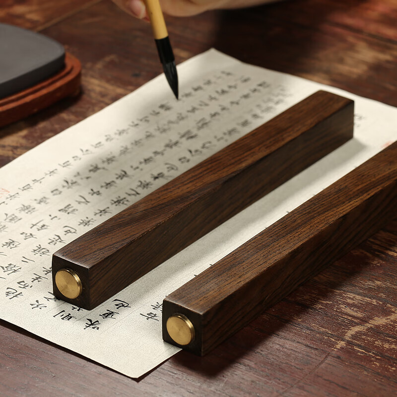 弘梅 黑檀木镇纸镇尺 木制嵌铜书法压纸双支装文镇 文房四宝礼品送礼