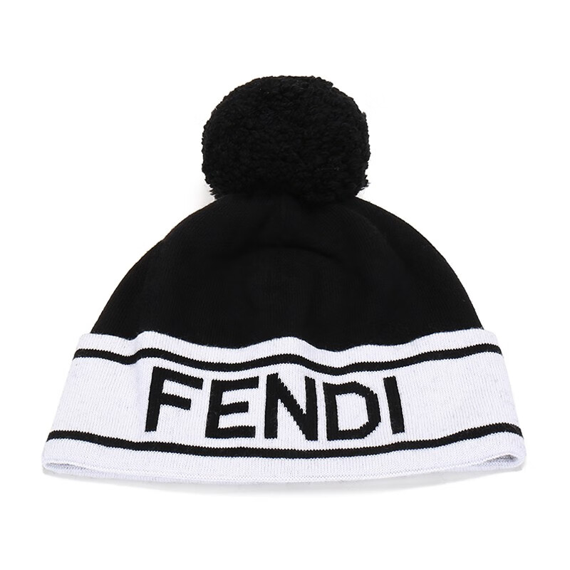 芬迪 FENDI 男女中性款混纺针织帽子黑色白色LOGO图案 FXQ056 ACHR F0ZE7
