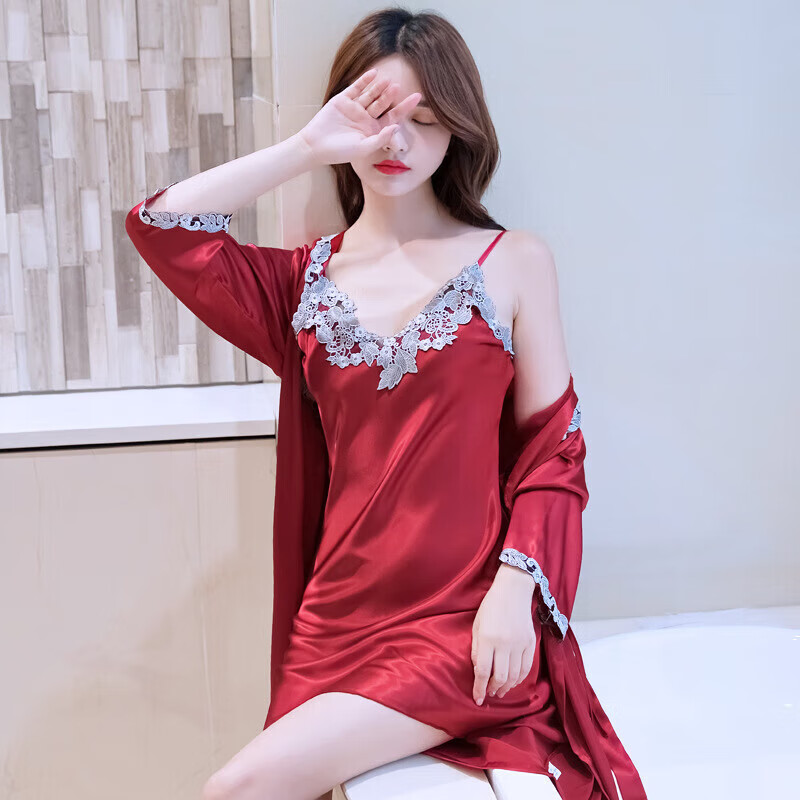 雍妙 睡衣女冰丝吊带睡裙睡袍性感睡衣女夏季两件套装长袖薄款女 912