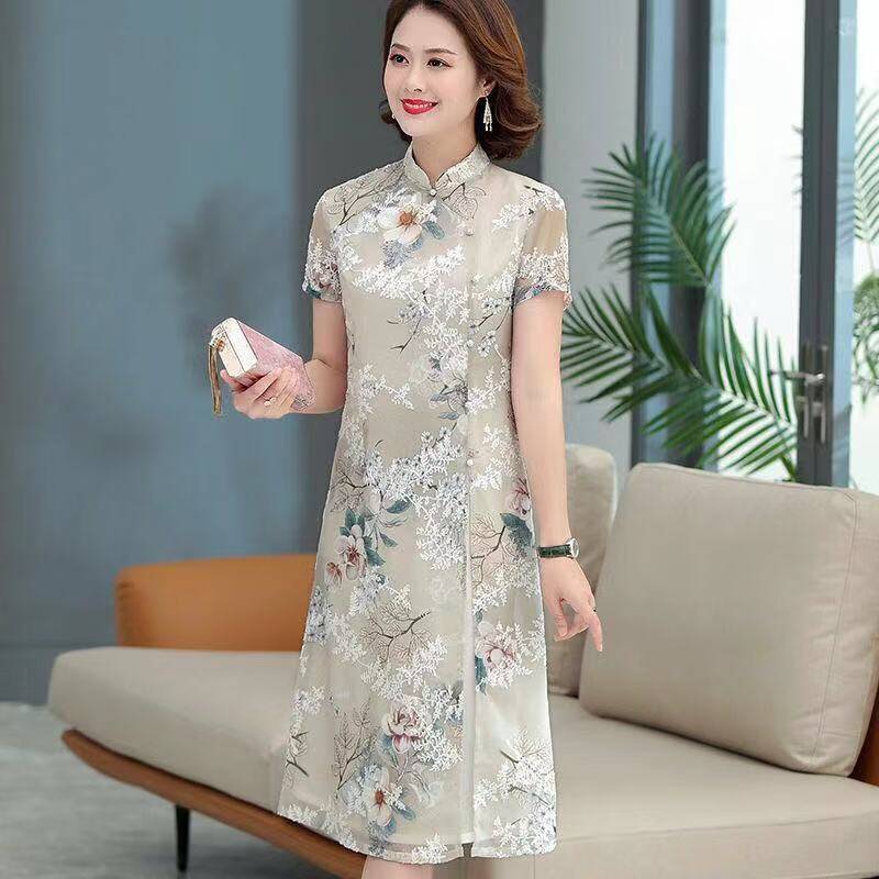 嘉钰潮库送高考妈妈穿的旗开得胜旗袍家长穿的衣服中年妇女夏装洋气