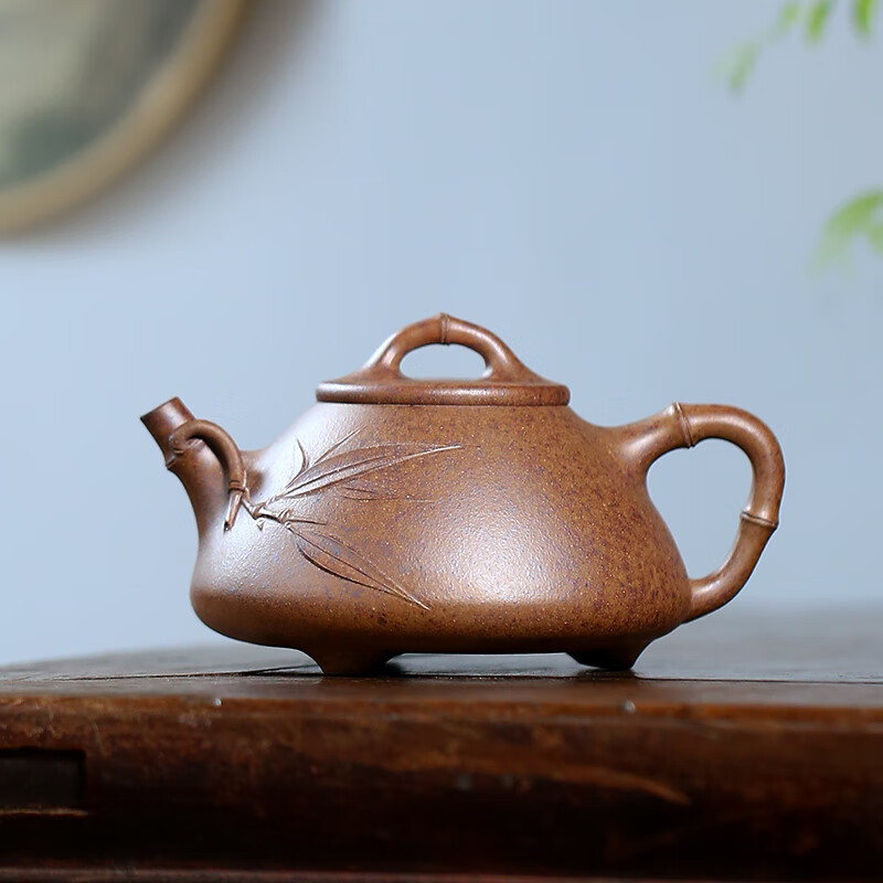 吉羊宜兴紫砂壶柴烧纯手工泡茶壶功夫茶具 原矿翡翠金砂竹节石瓢160ml