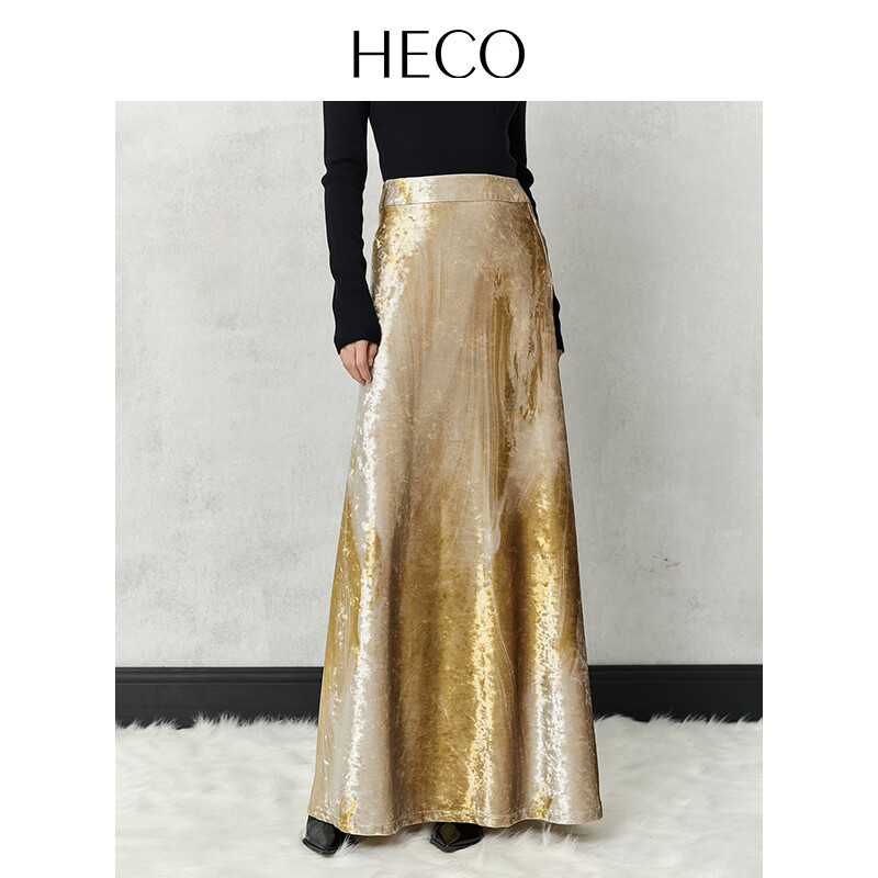 HECO【初墨】新中式国风春秋新款高级感扎染丝绒高腰显瘦半身裙女 黄色 L