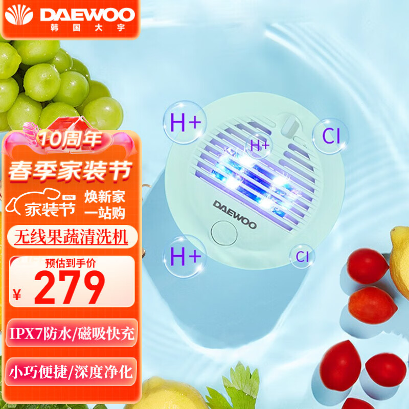大宇（DAEWOO） 无线果蔬清洗机卫士家用洗菜机便携式食材水果蔬菜肉类全自动消毒净化器 豆荚绿