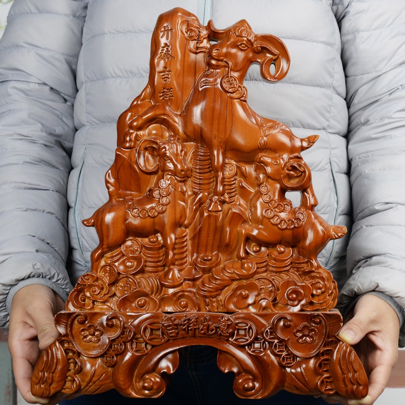 兴润阁 桃木三羊开泰木雕装饰大号摆件开业庆典居家新家装饰三阳开泰