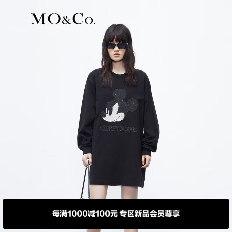 MO&Co.米奇系列重工亚光珠片绣宽松卫衣连衣裙气质精致裙子女 黑色 M/165