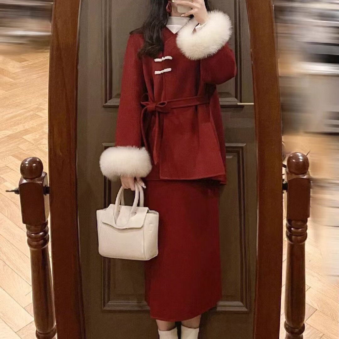 宇严冬天衣服女套装新中式女装秋冬国风毛呢外套两件套装结婚回门服新