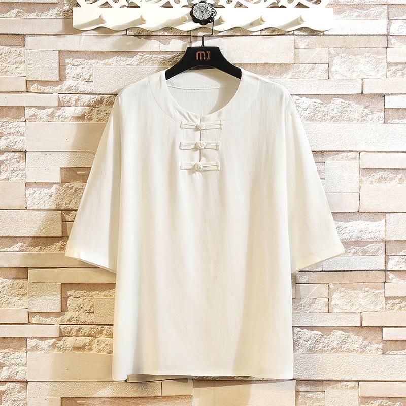 仲盛七分袖t恤男2024夏季男士纯色中国风棉麻宽松大码盘扣体桖衫男