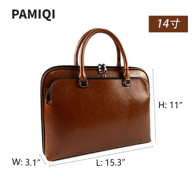 帕米琪（PAMIQI）牛皮男女士手提包公文包 商务文件包 真皮女神节七夕笔记本电脑包 棕色14寸