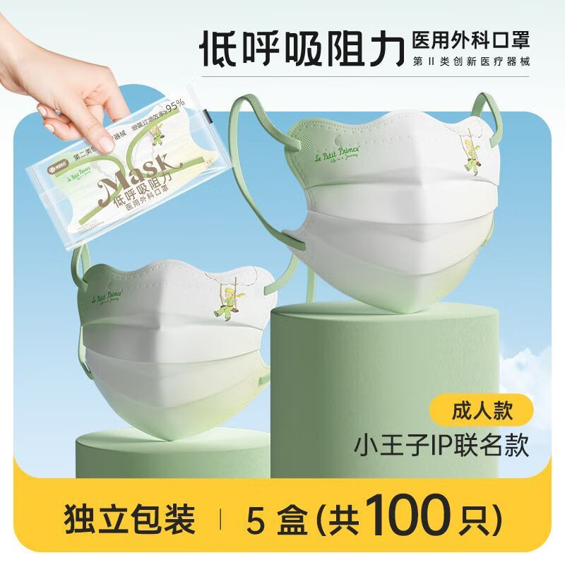 蝶形口罩医用外科小王子低阻力超透气夏季薄款一次性成人白色 蝶形波浪设计[独立包装]秒变小 低阻力款[小王子100只]超透气