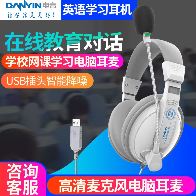 电音D3000 中学生英语听力听说考试耳机 头戴式电脑降噪口语人机对话带麦克风录音 中考USB声卡耳麦 白色 USB插头-电脑听说考试专用
