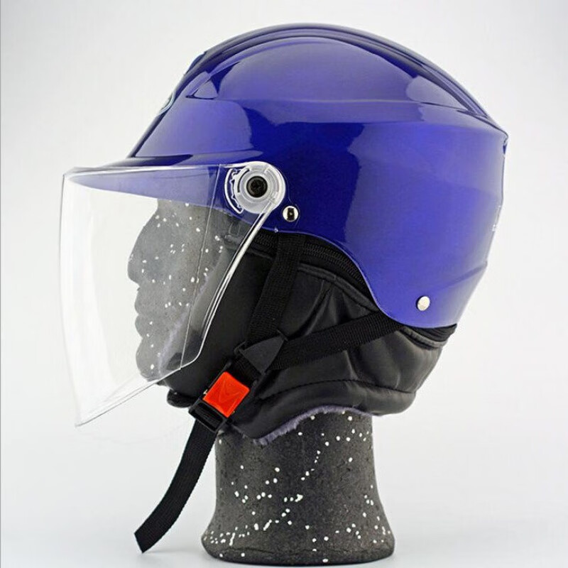 电动车头盔电动车安全帽防护帽半盔男女通用四季头盔可拆围脖 蓝色(带围脖) 高清透明镜片